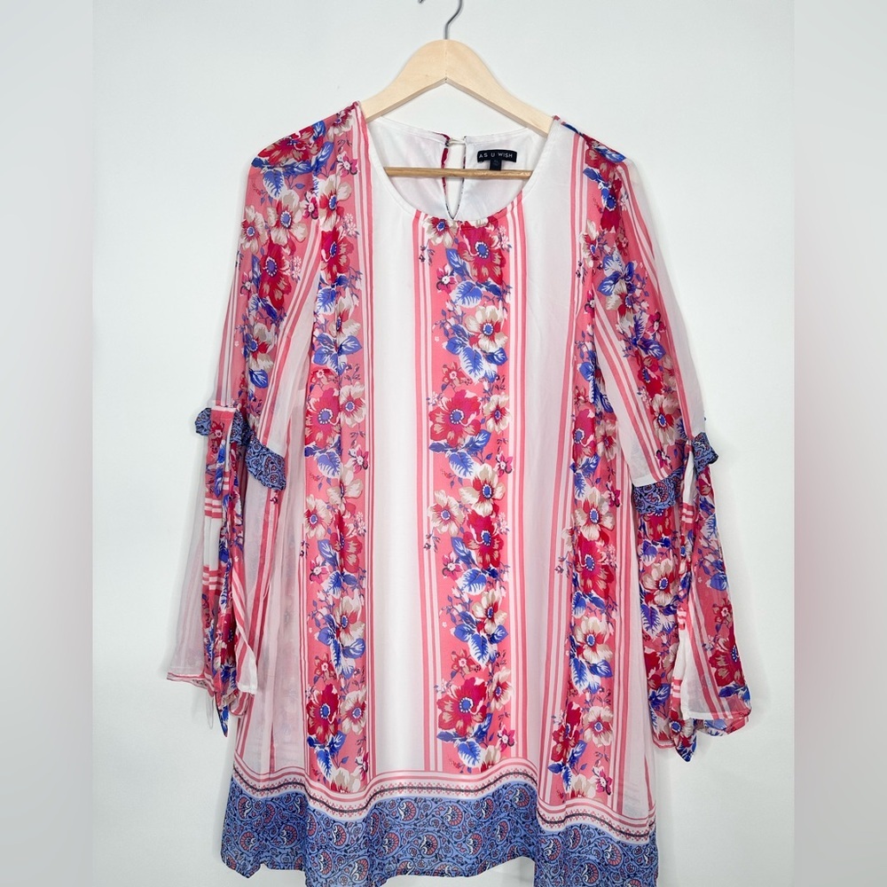 As U Wish‎ A Line Bell sleeve blue/red/white loose fit dress size XL 100% poly